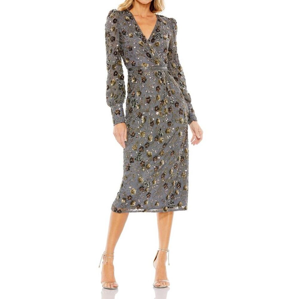 Mac Duggal Long Sleeve V Neck Midi Dress Charcoal Grey Women’s Sz 8